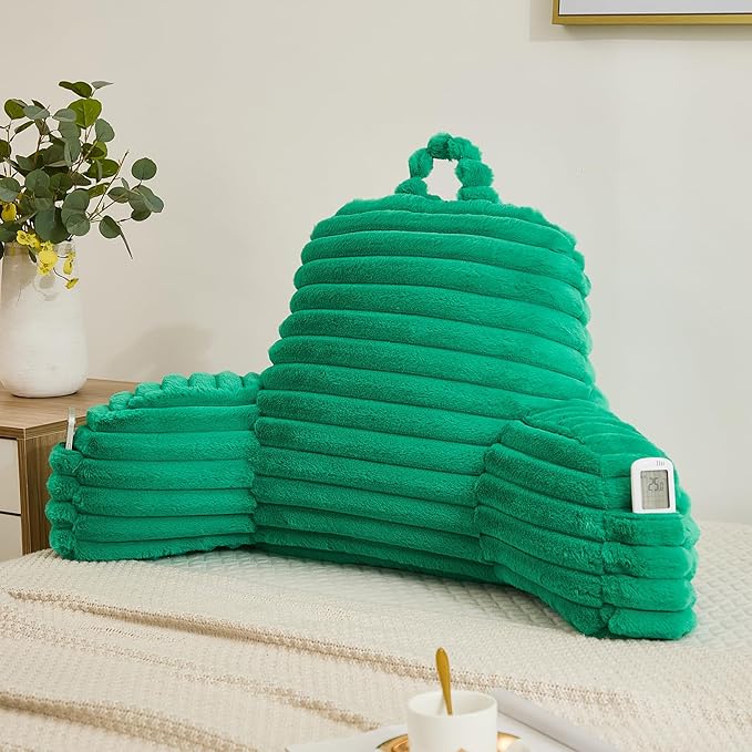 Faux Fur Fluffy Emerald Reading Pillow with Pockets, Luxury Striped Plush Decorative, Arm Rests and Back Surport for Bed Rest, Lounging on sofa, Large