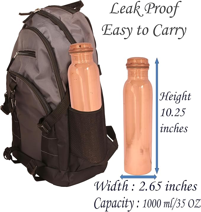 Pure Copper Water Bottle - Handcrafted - Ayurveda health benefits - Large 35 oz - Leak proof - Easy to carry for Sports, Fitness, Yoga, School -Natural Copper Finish