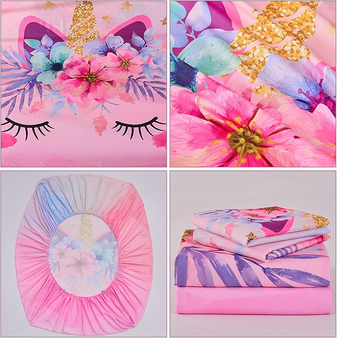 VIVILINEN Twin Size Bed Sheets Set for Kids Girls 3 Piece Pink Unicorn Kids Sheets Set Toddler Twin Bedding Set Include Flat Sheet, Deep Pocket Fitted Sheet and Pillowcase