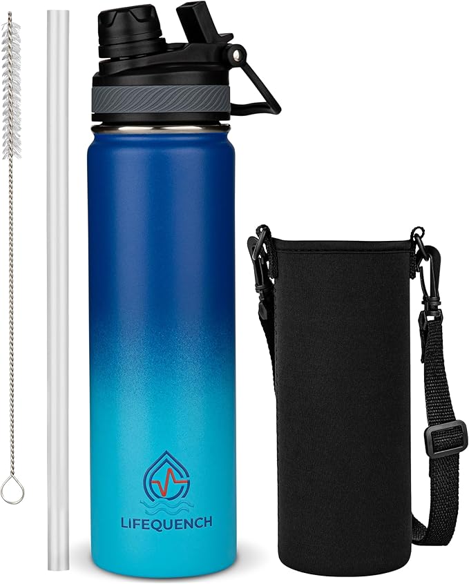 Insulated Water Bottle with Straw and Handle 22 oz-Stainless Steel Water Bottles with Straw, Dual Cap Function & Sleeve, Keeps Drinks Hot Up to 12 Hours & Cold Up to 24 Hours (Glacier)