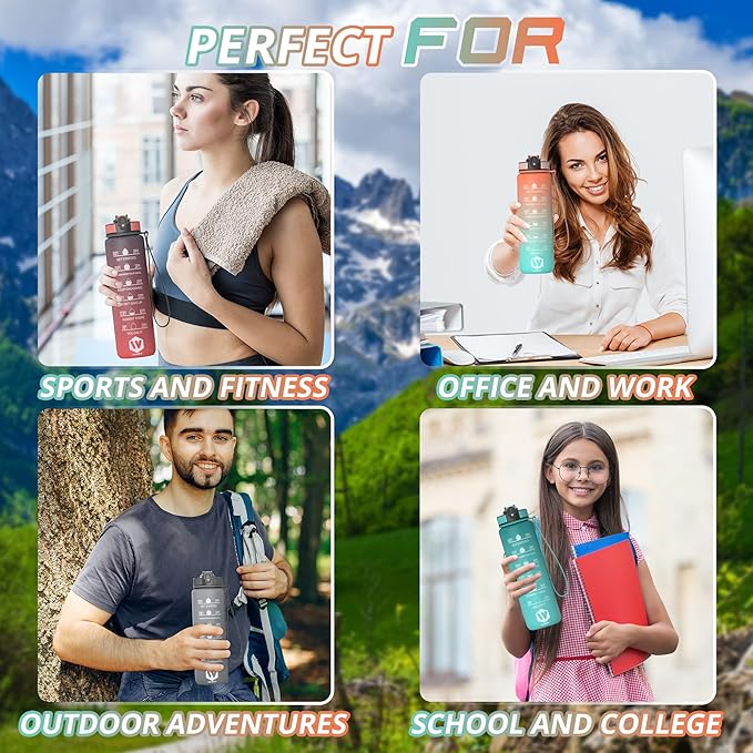 32 oz Water Bottle with Time Marker Leak-Proof & BPA Free Reusable Gym Water Bottle Easy to Carry Motivational Water Bottle for Fitness, Sports, Cycling (Orange & Light Green Green Head)