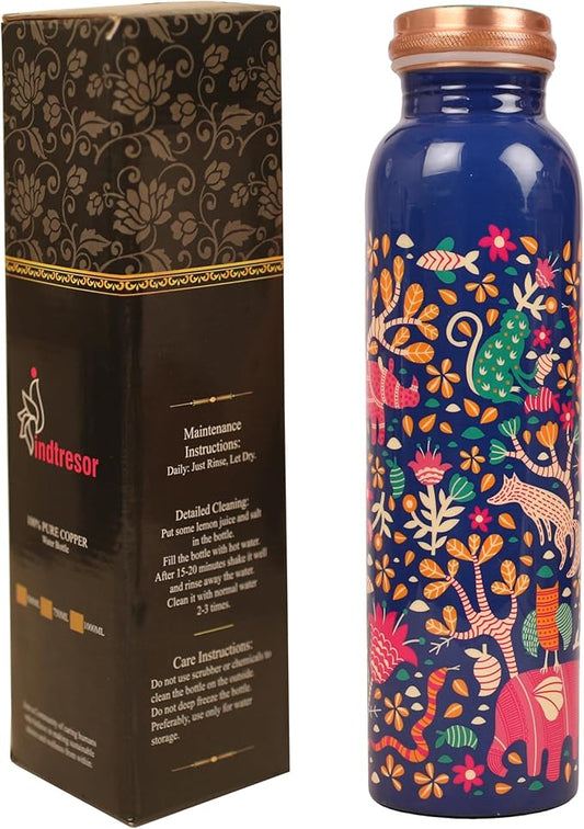 Pure Copper Water Bottle - Handcrafted - Ayurveda Health Benefits -Floral Animals Printed 35 OZ - Leak proof - Easy to carry For Sports, Fitness, Yoga, School - Vintage Enamel.