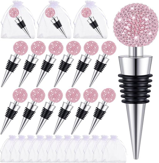 Crystal Wine Bottle Stopper Diamond Wine Stoppers Reusable Zinc Alloy Silicone Beverage Saver Corks Wine Decorative Bottle Stoppers with Sheer Bags for Wedding Bar Gifts(Pink,12 Set)
