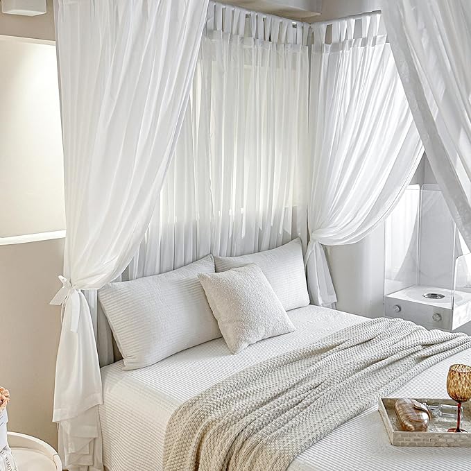 AIKASY Canopy Bed Board with Top and Self-Adhesive Velcro Strips, White Gauze Princess Bed Canopy Curtain Tent, Creating a Romantic Atmosphere in The Room(King/California King,White)