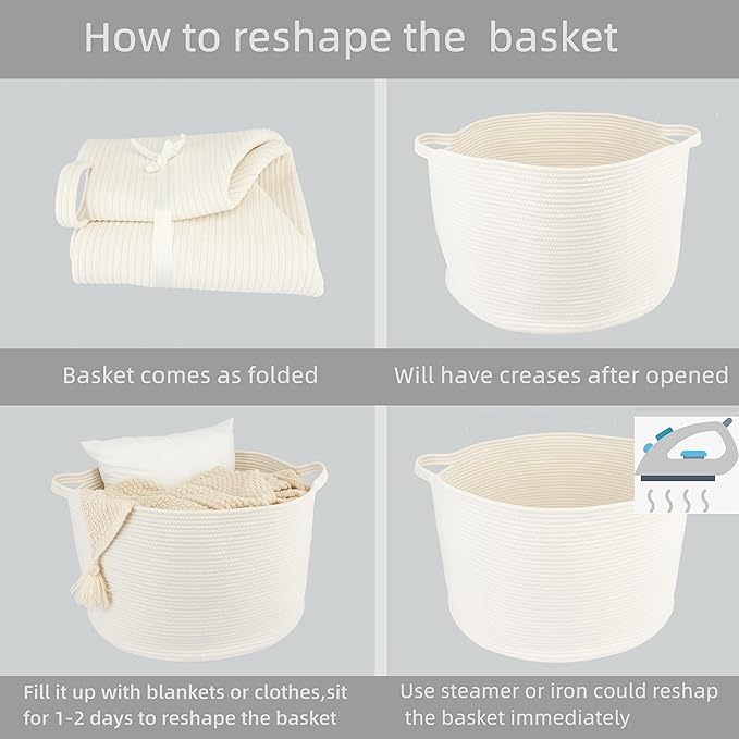 Large Cotton Rope Basket Blankets Basket Living Room 22"x14" Toy Basket for Kids and Dogs Rope Storage Basket for Nursery Woven Laundry Basket for Clothes Towels Baby Toy Storage round white
