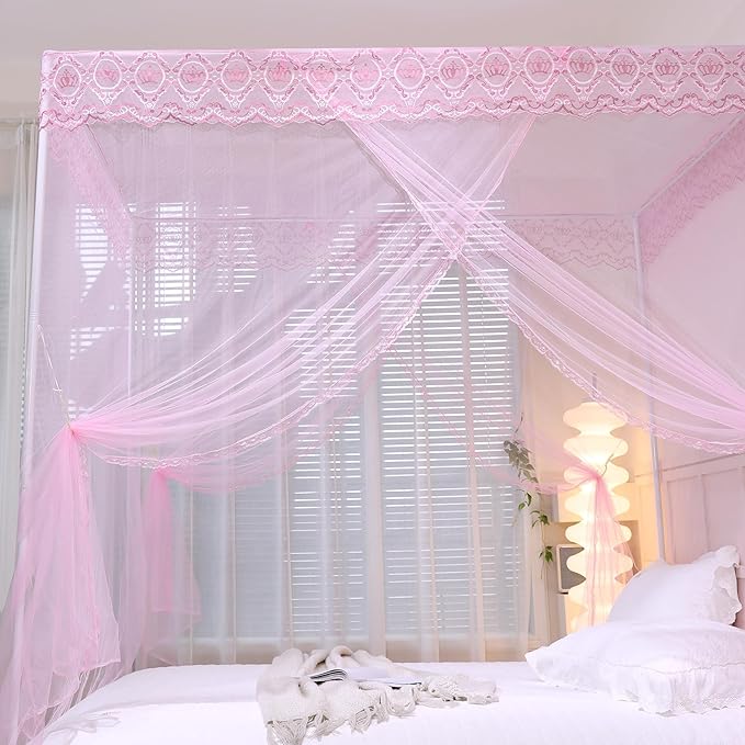 Bed Canopy, Princess Bed Curtain Net for Girls & Adults,Three-Doors Rectangle Lace Dome Netting (Baby Pink, Queen)