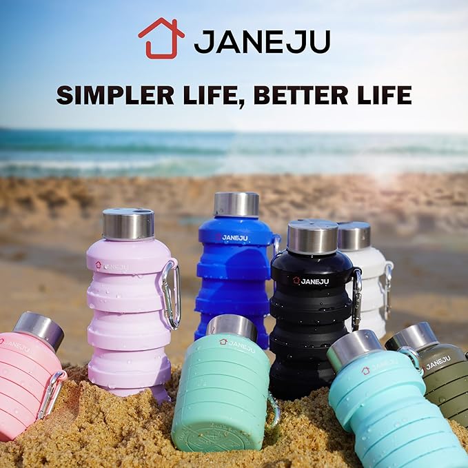JaneJu Collapsible Water Bottle, 17oz BPA Free Silicone Reusable Portable Lightweight Foldable Water Bottles with Carabiner, Portable Leak Proof Sports Water Bottle (Army Green)