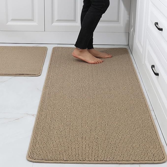 COSY HOMEER 24x35 Inch/24X60 Inch Kitchen Rug Mats Made of 100% Polypropylene Strip TPR Backing 2 Pieces Soft Kitchen Mat Specialized in Anti Slippery and Machine Washable,Beige
