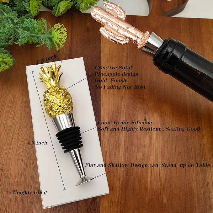 Pineapple Wine Bottle Stopper, Reusable Zinc-Alloy Storage wine Stoppers ,Beautiful Golden Decoration wine Gift for Home Decoration, Wedding, Beach Themed Event Favor