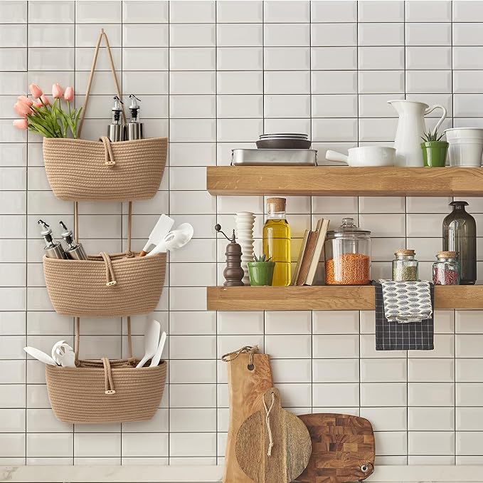 TeoKJ 3-Tier Cotton Rope Baskets with Button Strap Over the Door Wall Hanging Baskets for Nursery, Living Room, Bathroom, Door Storage Organizer for Decoration-Jute