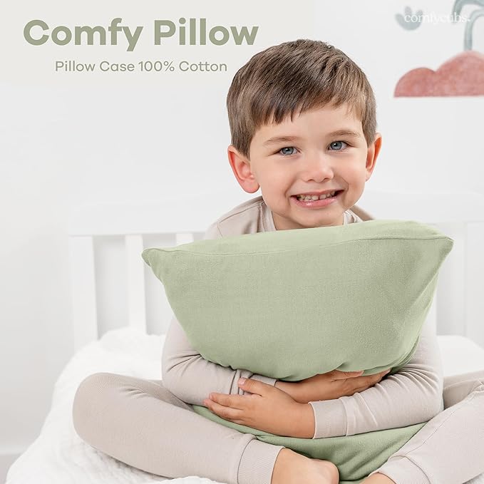 Comfy Cubs Toddler Pillow with Soft Cotton Pillowcase, 13"x18", Sage - Kids Pillow for Sleeping & Travel - Adorable & Comfortable Small Pillow - Kids Travel Pillow with Breathable Microfiber Fill