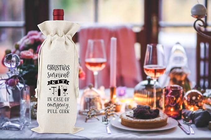 Christmas Survival Kit,In Case of Emergency Pull Cork,Wine Bag Gift for Friends,Sisters,Besties,Colleagues,Family,Daughters,Sons,Goody Bag,Party Favor Bag,Reusable Wine Bag With Drawstring,L45