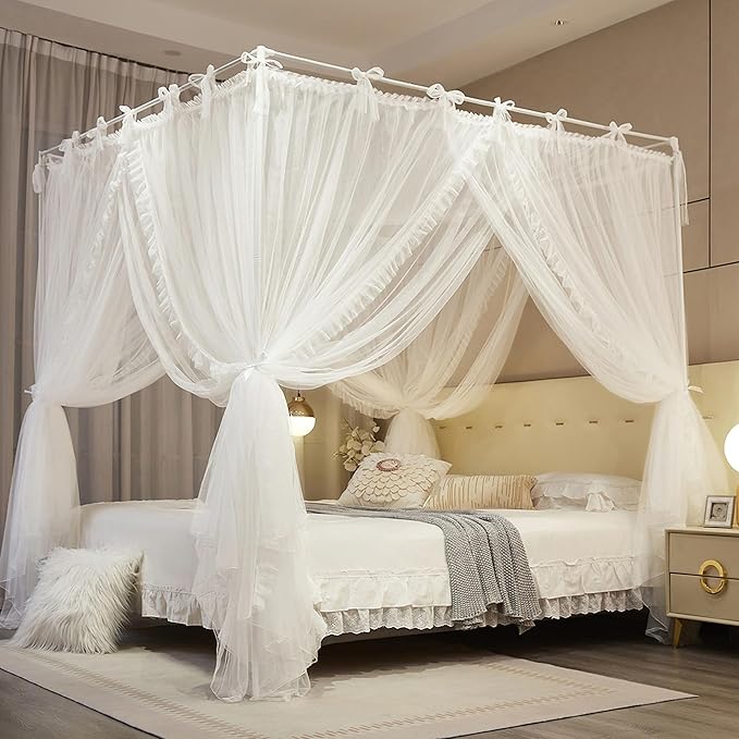 4 Corners Post Princess Curtain Bed Canopy Lace Up Double Layer 4 Opening Mosquito Net Mesh for Girls Bedroom Decoration(White, 78" W*86" L*82" H/King)