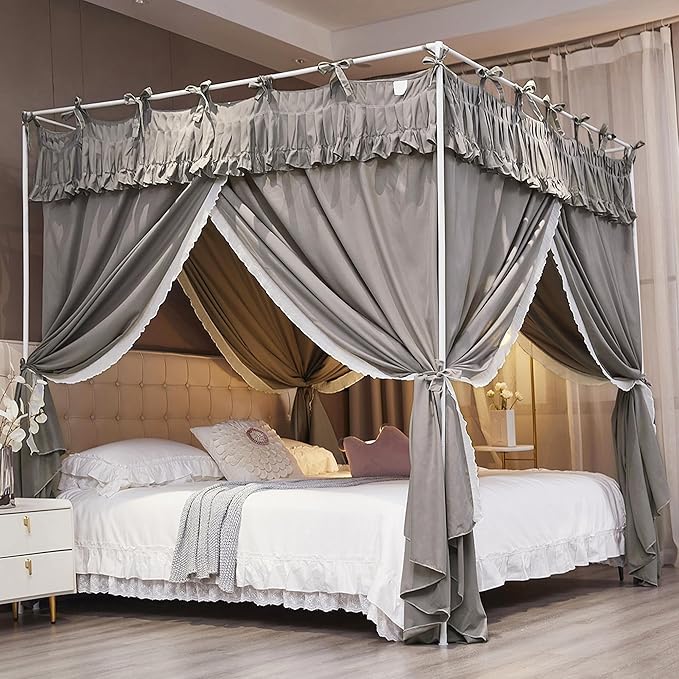 Ruffle Lace up 4 Corners Post Princess Curtain Bed Canopy Cozy Breathable Mosquito Net Cloth for Girls Adults Bedroom Decoration (Grey, 53" W*78" L*82" H/Full)