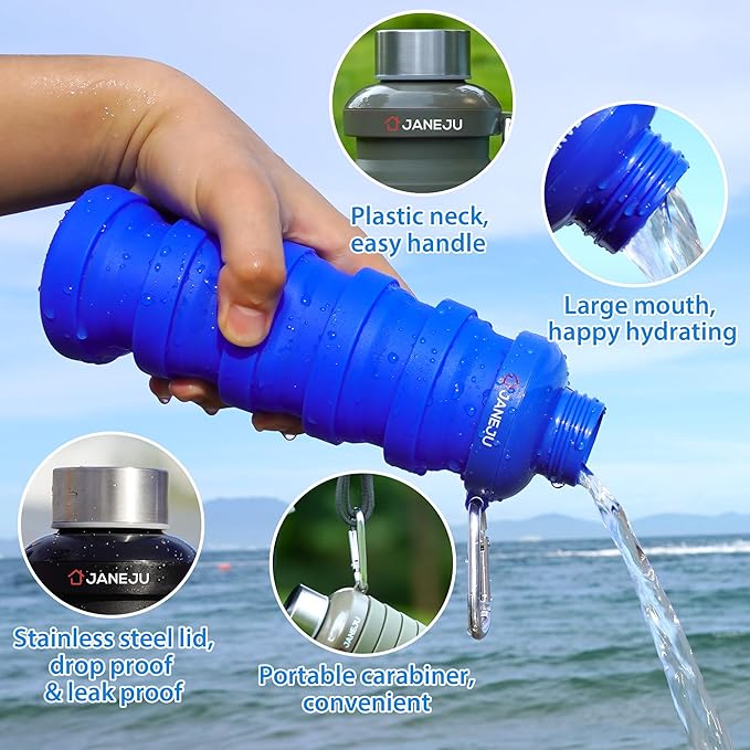 JaneJu Collapsible Water Bottle, 17oz BPA Free Silicone Reusable Portable Lightweight Foldable Water Bottles with Carabiner, Portable Leak Proof Sports Water Bottle (Pink)