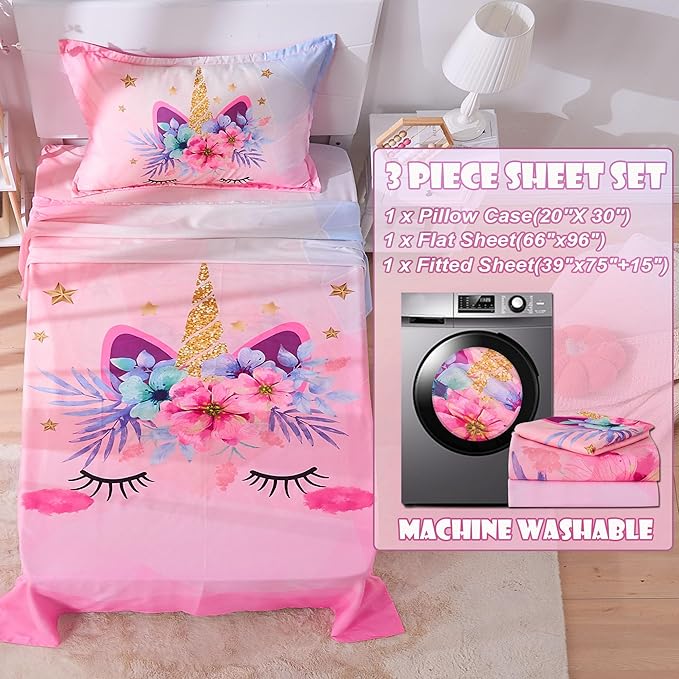 VIVILINEN Twin Size Bed Sheets Set for Kids Girls 3 Piece Pink Unicorn Kids Sheets Set Toddler Twin Bedding Set Include Flat Sheet, Deep Pocket Fitted Sheet and Pillowcase