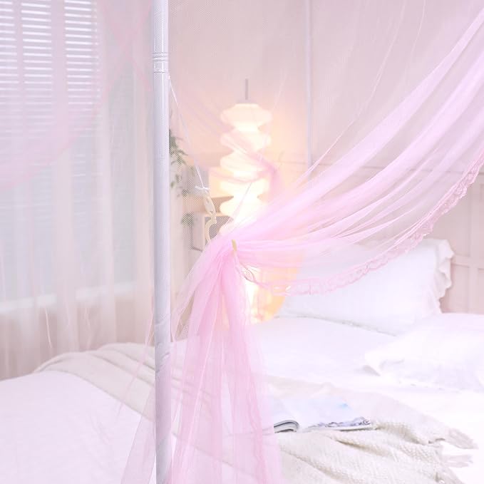 Bed Canopy, Princess Bed Curtain Net for Girls & Adults,Three-Doors Rectangle Lace Dome Netting (Baby Pink, King)
