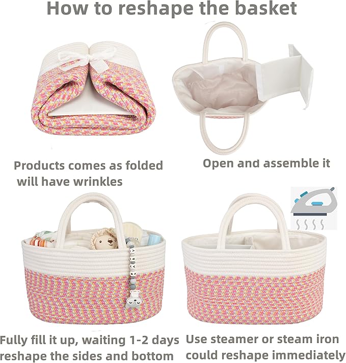 Large Baby Diaper Caddy Organizer for Girl Boy Rope Nursery Storage Bin Basket Portable Holder Tote Bag for Changing Table Car Travel Baby Shower Gifts Newborn Registry Must Haves
