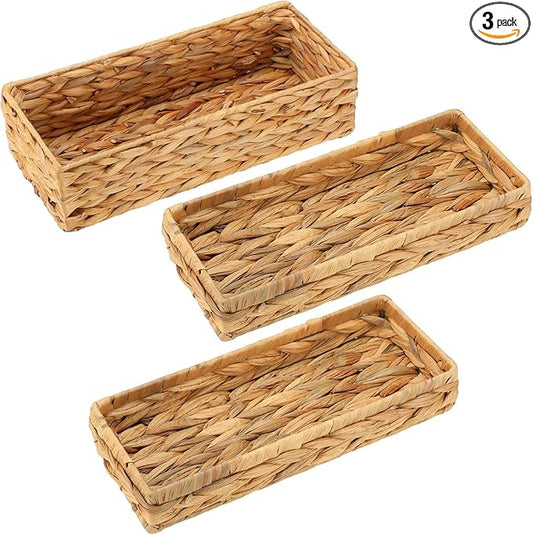 3 Pcs Wicker Baskets Water Hyacinth Toilet Paper Basket Woven Rectangle Toilet Tank Basket Hyacinth Paper Storage Holder Organizer Storage Containers for Bathroom Bedroom Kitchen(Classic)