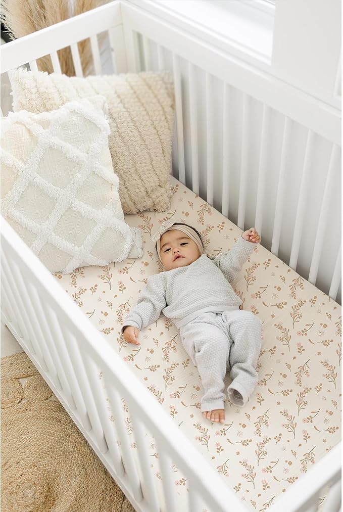 Konssy Muslin Fitted Crib Sheets 100% Cotton Baby Crib Sheets for Standard Crib Mattress (28 X 52 Inches), Soft and Breathable for Boy, Girl (Pink Floral)