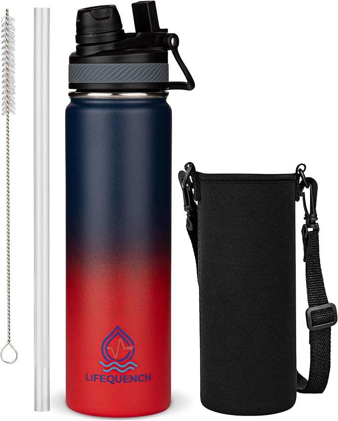 Insulated Water Bottle with Straw and Handle 22 oz-Stainless Steel Water Bottles with Straw, Dual Cap Function & Sleeve, Keeps Drinks Hot Up to 12 Hours & Cold Up to 24 Hours (Space)