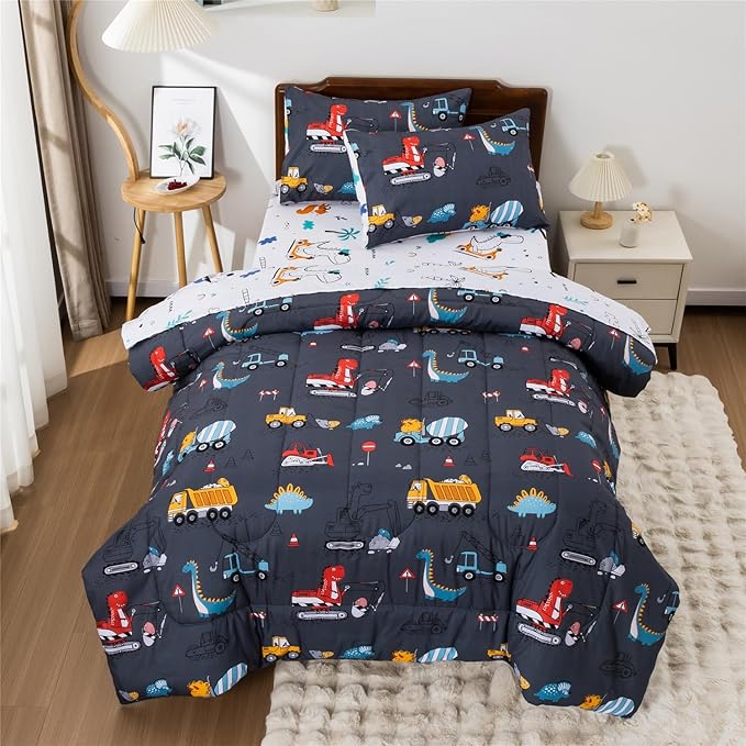 Meeting Story Construction Truck Car Full Comforter Set for Boys,5 Pieces Dinosaur Bedding Set with Sheets and Pillowcases,Excavator Lightweight Microfiber Bedding Sets(Grey,Full5pcs)
