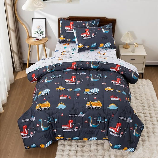 Meeting Story Construction Truck Car Full Comforter Set for Boys,5 Pieces Dinosaur Bedding Set with Sheets and Pillowcases,Excavator Lightweight Microfiber Bedding Sets(Grey,Full5pcs)
