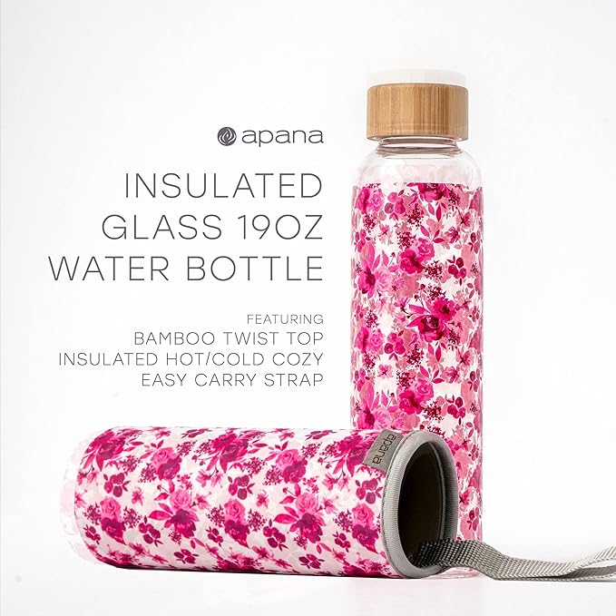 Apana Yoga Glass Water Bottles BPA Free Non Slip Sleeve Leak Proof Lid Reusable 19 Oz and 32 Oz Sports Water Bottle Wide Mouth Lid Portable Hydration Tumbler