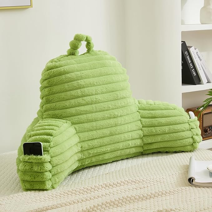 Faux Fur Fluffy Light Green Reading Pillow with Pockets, Luxury Striped Plush Decorative, Arm Rests and Back Surport for Bed Rest, Lounging on Sofa, Standard