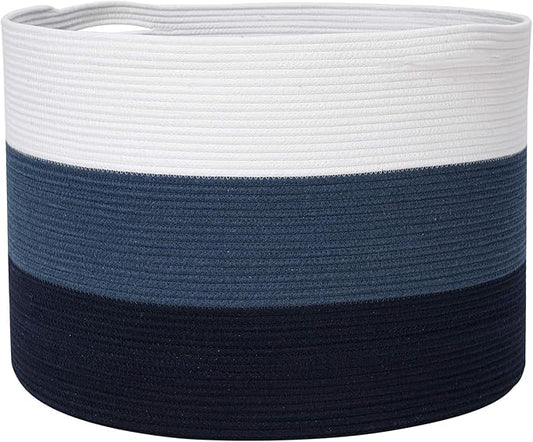 24" x 24" x 17" Max Size Large Cotton Rope Basket, Extra Large Storage Basket, Woven Laundry Hamper, Cloth Storage Bin, for Blankets Clothes Towels Pillows in Living Room, Dark Blue/Deep Blue
