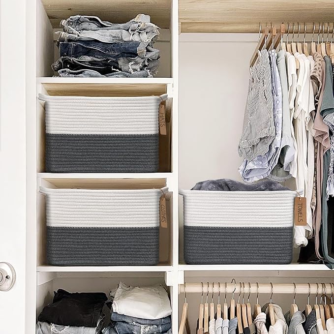 Goodpick Woven Storage Basket for Shelves, Baskets for Organizing, Cotton Rope Basket with Handles, Rectangle Basket for Baby Toy Storage, 13 x 10 x 9 Inches, White & Dark Grey