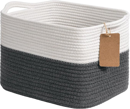 Goodpick Woven Storage Basket for Shelves, Baskets for Organizing, Cotton Rope Basket with Handles, Rectangle Basket for Baby Toy Storage, 13 x 10 x 9 Inches, White & Dark Grey