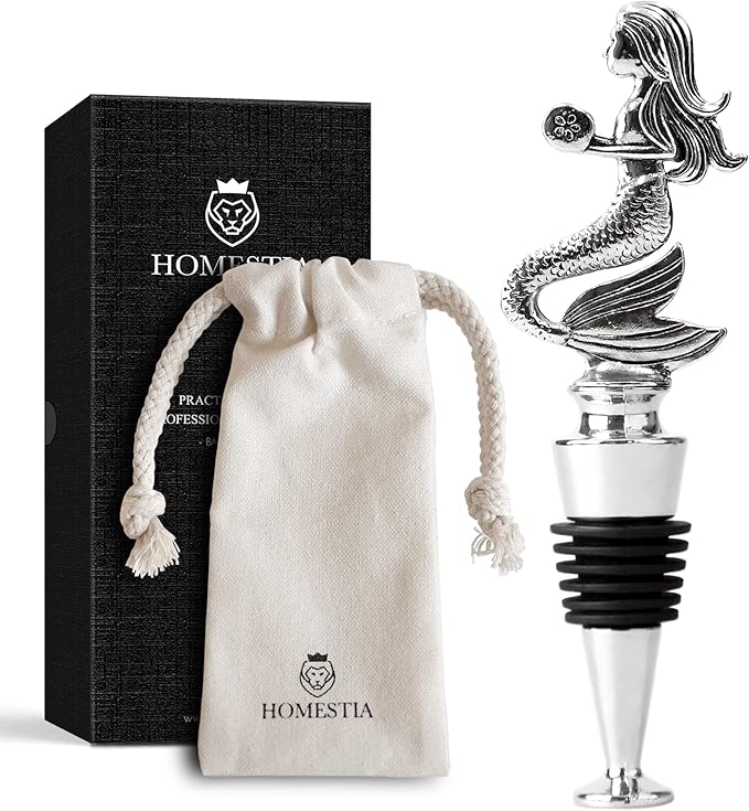 Homestia Wine Bottle Stoppers for Glass Bottles, Mermaid Bottle Stopper Reusable Wine Corks Wine Tool, Zinc-Alloy Silicone Wine Stoppers, Wine Toppers with Decors