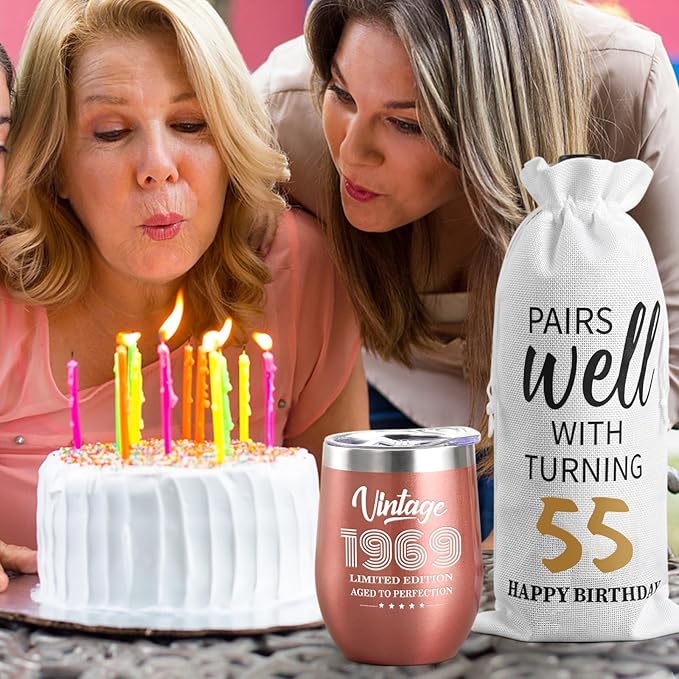 Lifecapido 55th Birthday Gifts for Women, Vintage 1969 Limited Edition Insulated Wine Tumbler with Wine Bag, 55 Year Old 55th Birthday Presents Christmas Gifts for Friends Mom Aunt Wine Lover, 12 oz