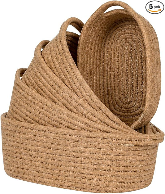 CubesLand Small Shelf Shelves Closet Over Toilet Storage Cube Organizer Basket Bin 5-Piece,Woven Basket Bin for Organizing,Nesting Cute Rope Baby Dog Cat Toy Basket Box,Tan Basket for Storage