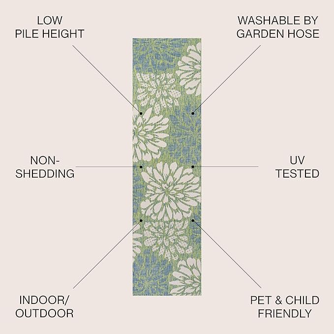 JONATHAN Y SMB110D-210 Zinnia Modern Floral Textured Weave Indoor Outdoor Runner Rug, Bohemian, Coastal, Mediterranean Easy-Cleaning,Bedroom,Kitchen,Backyard,Patio,Non Shedding, Cream/Green, 2 X 10