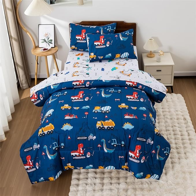 Meeting Story Construction Truck Car Full Comforter Set for Boys,5 Pieces Dinosaur Bedding Set with Sheets and Pillowcases,Excavator Lightweight Microfiber Bedding Sets(Blue,Full5pcs)