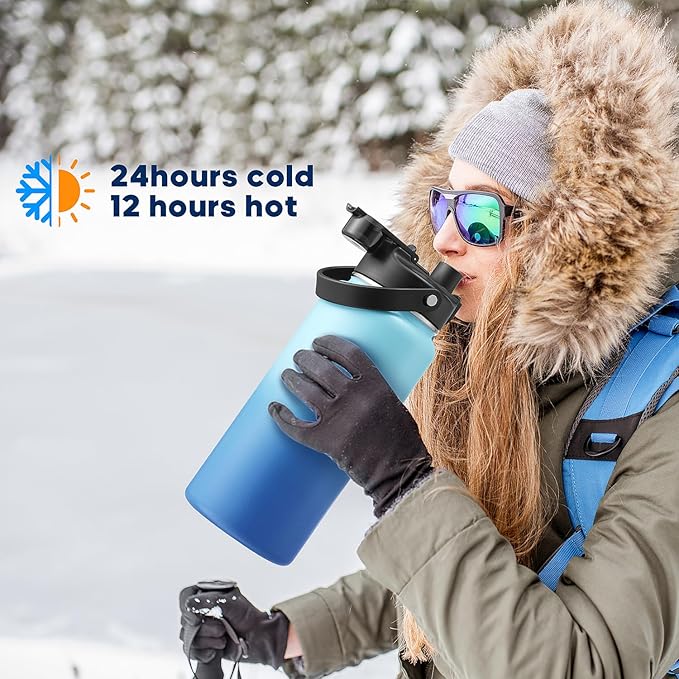 Half Gallon Insulated Water Bottle with 2-in-1 Lid (Chug Lid/Straw Lid), 40/64oz Double Walled Vacuum Stainless Steel Water Bottles, Water Jug with Straw