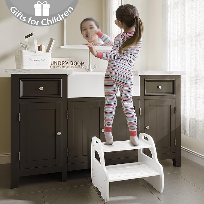 AMBIRD Wooden Step Stool, Two Step Stools Toddler with Safety Non-Slip Pads and Handles, White Bamboo Step Stool for Bathroom, Bedroom, Kitchen Step Stools Kids