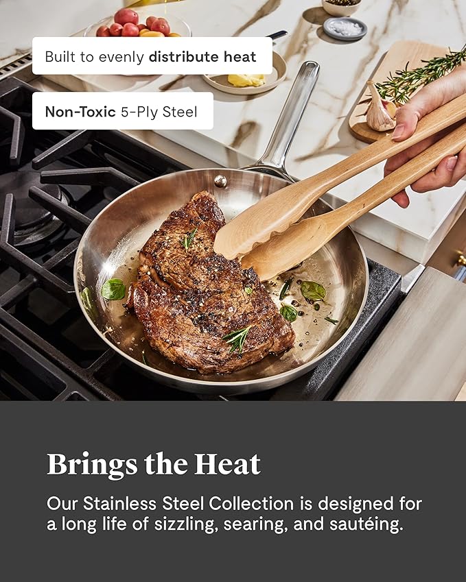 Caraway Stainless Steel Cookware Set (4 Piece) - 5-Ply Stainless Steel Pots & Pans - Includes Fry Pan, Sauce Pan, Sauté Pan, Dutch Oven, 3 Lids & Storage - Non Toxic, PTFE & PFOA Free