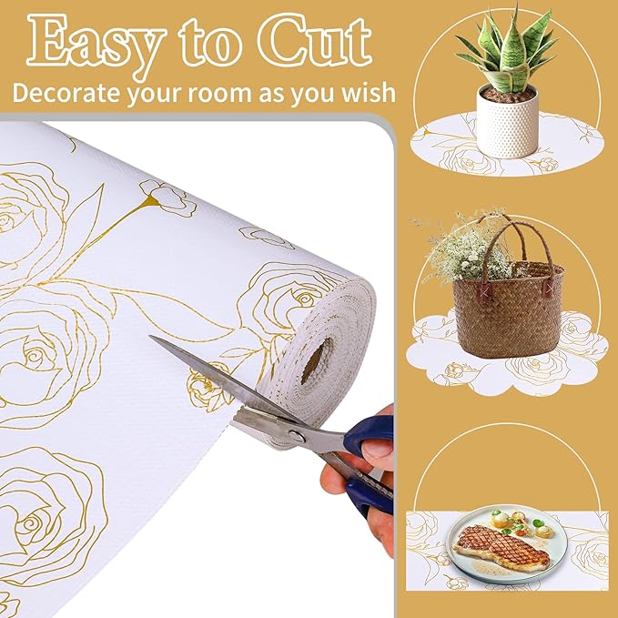 Shelf Liners for Kitchen Cabinets Non Adhesive Drawer Liner 23.6in x 20FT Gold Floral Thickened Shelf Liner Paper Strong Non-Slip Easy to Clean for Tool Box Refrigerator