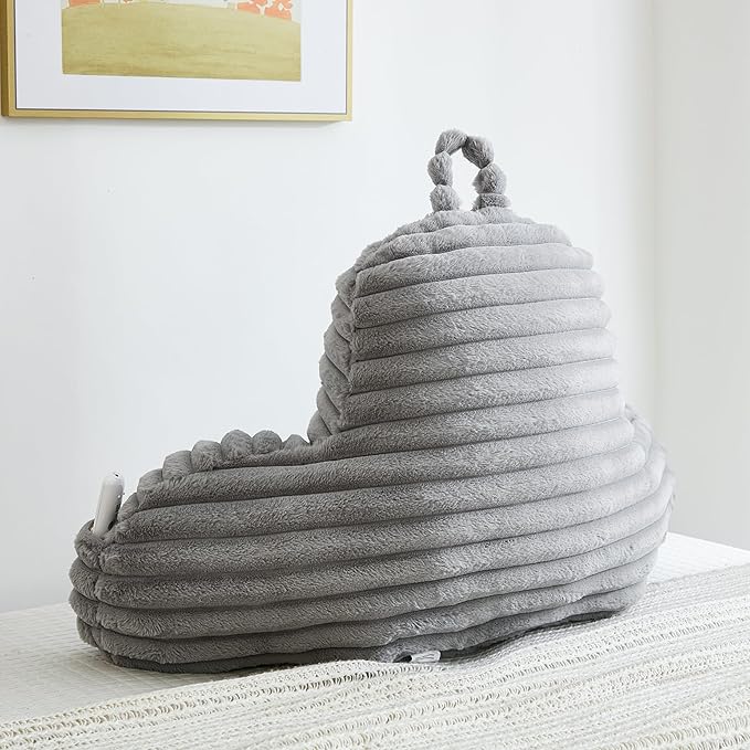 Faux Fur Fluffy Gray Reading Pillow with Pockets, Luxury Striped Plush Decorative, Arm Rests and Back Surport for Bed Rest, Lounging on Sofa, Large