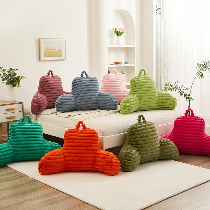 Faux Fur Fluffy Emerald Reading Pillow with Pockets, Luxury Striped Plush Decorative, Arm Rests and Back Surport for Bed Rest, Lounging on sofa, Standard