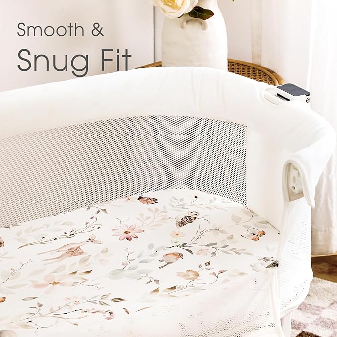 Stretchy Ultra Soft Fitted Bassinet Sheet Set 2 Pack, Universal Fit for Bassinets Baby Cradle Moses Basket Oval Rectangle Mattress Safe and Snug, Beautiful Blush Pink Floral and Cute Animals Print