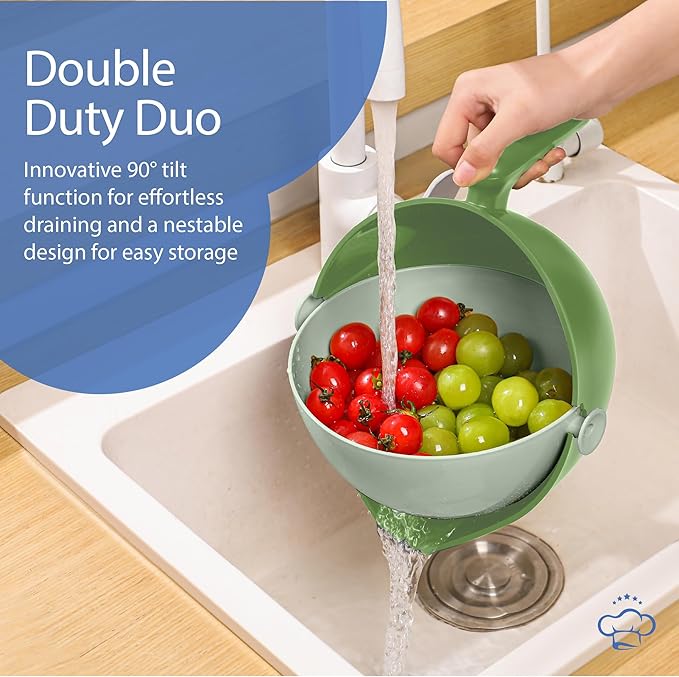 Chef's Path 2 in 1 Kitchen Strainer and Colander for Kitchen, Multifunctional Food Strainer Set, BPA Free Plastic Colander with Handle, Pasta Drainer, Veggie and Fruit Cleaner - Green