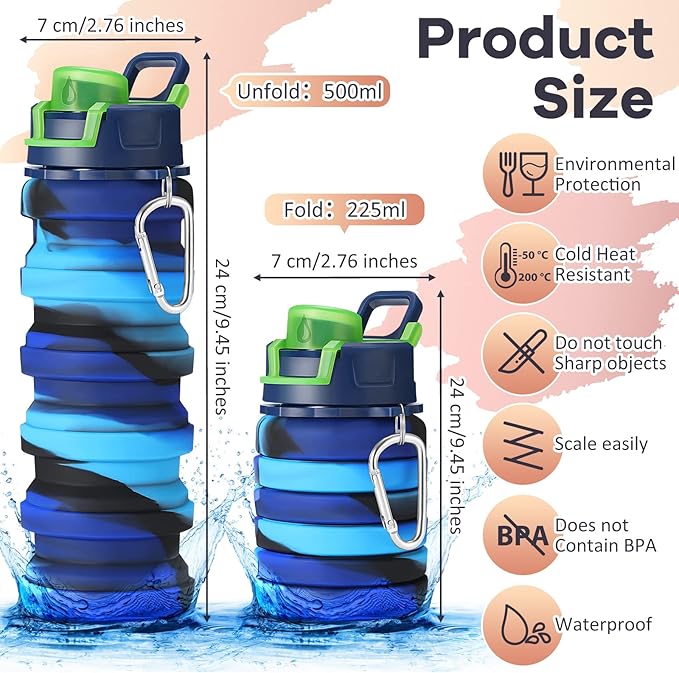 Sunnyray 14 Pack Collapsible Water Bottles 17oz Silicone Portable Water Bottle Bulk Foldable Leak Proof Water Bottle Reusable Camouflage Sports Bottles with Clip for Travel Hiking Camping Outdoor