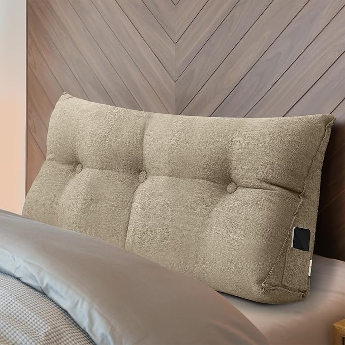 Wenqik Wedge Pillow Triangular Dorm Headboard Bed Rest Reading Backrest Back Support Long Bolster Pillow with Removable Cover for Dorm Room Supplies(Khaki Gray,Twin (39 x 20 x 8 Inch))