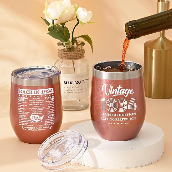 Lifecapido 90th Birthday Gifts for Women, Vintage 1934 Limited Edition Insulated Wine Tumbler with Wine Bag, Gifts for 90 Year Old Woman, 90th Birthday Gift Ideas for Mom Grandma Wine Lover, 12 oz