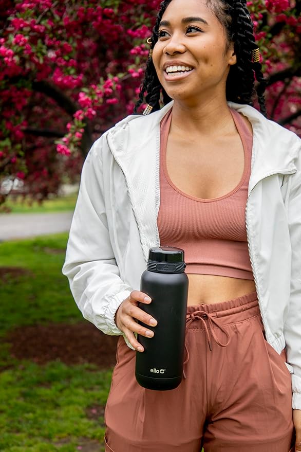 Ello Cooper 40oz Stainless Steel Water Bottle with Straw and Carry Handle, Double Walled and Vacuum Insulated Metal, Leak Proof Locking Lid with Soft Silicone Spout, Reusable, BPA Free, Black