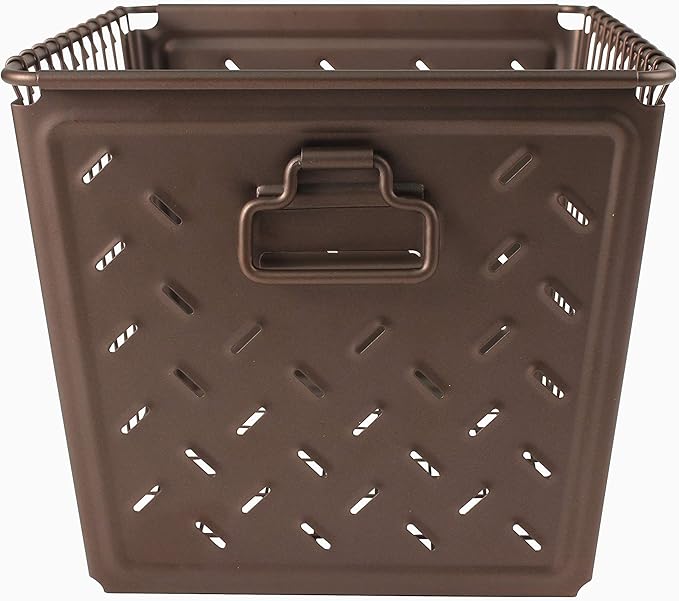 Tovolo Macklin, Stamped Steel & Wire Basket for Closet & Cubby Storage Vintage-Inspired Design with Customizable Label Plate, Medium, Bronze